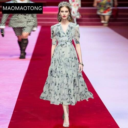 Womens Clothing Fashion Designer Summer Midi Dresses Womens V-neck Sashes Floral Print Chiffon High Waist Vintage Party Dress