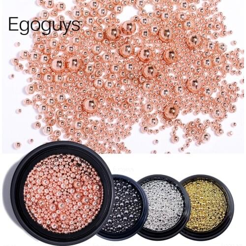 1Box Mixed Size Small Metal Stainless Steel Ball Nail Art Rhinestones Caviar Nail Decorations Bead Pearls Black Gold Silver Rose