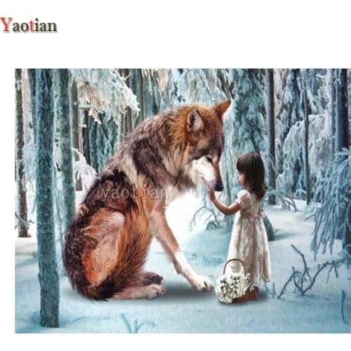 5D Diamond Painting Diamond Mosaic Wolf And Girl Diamond Embroidery Snow Scene Forest Picture Rhinestone Full Drill Square Decor