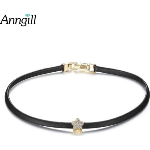 ANNGILL Bohemian Necklace Fashion Jewelry Star CZ Chokers Necklaces Women Black Leather Chain Choker for mom DropShipping