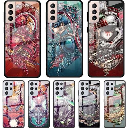 Captain America Iron Man for Samsung Galaxy S21 Ultra Plus A72 A52 4G 5G M51 M31 M21 Luxury Tempered Glass Phone Case Cover