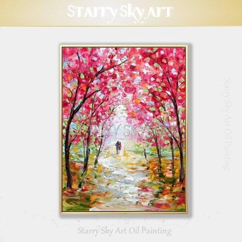 Cheap Price Hand-painted Thick Paint Landscape Tree Oil Painting Beautiful Wall Art Pink Tree Oil Painting for Living Room Decor