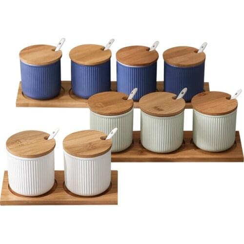 Ceramic Condiments Jar Household Seasoning Box Wooden Tray Spice Jar Soy Sauce Pot Salt Sugar Single Can Kitchen Seasoning Tool