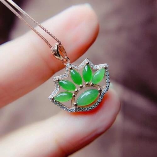 Natural green jadegem Pendant natural gemstone pendant necklace S925 silver Fashion lovely Flower Fan girl gift party jewelery