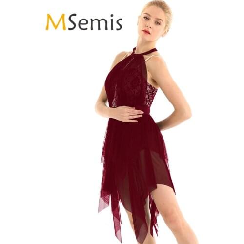 MSmeis Women Lace Asymmetrical Figure Ice Skating Dress Latin Ballet Ballroom Dance Dresses Contemporary Lyrical Dance Costumes
