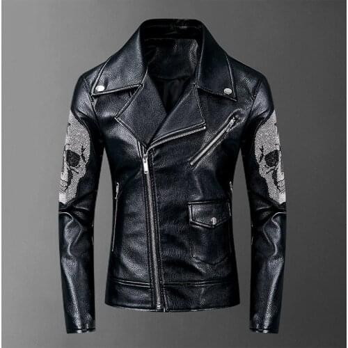 2021 Skulls Diamonds Mens Jackets and Coats High Street Style Turn-Down Neck Streetwear Slim PU Jacket Men Casacas Para Hombre