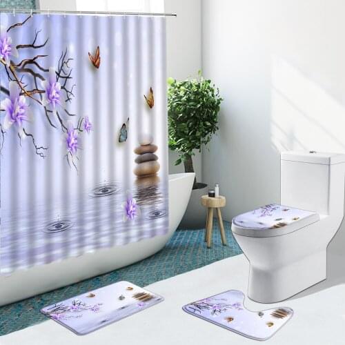 Zen Stone And White Lotus In Water Bathroom Set Shower Curtain Bamboo Fish Non-Slip Rugs Flannel Carpet Toilet Cover Bath Mat