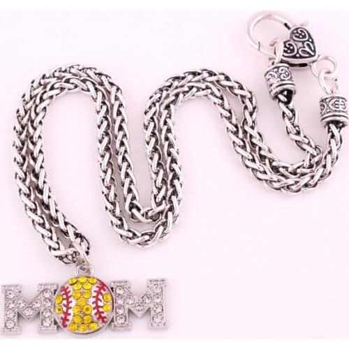 Baseball mom necklace jewelry clear crystal fashion antique silver plated link chain