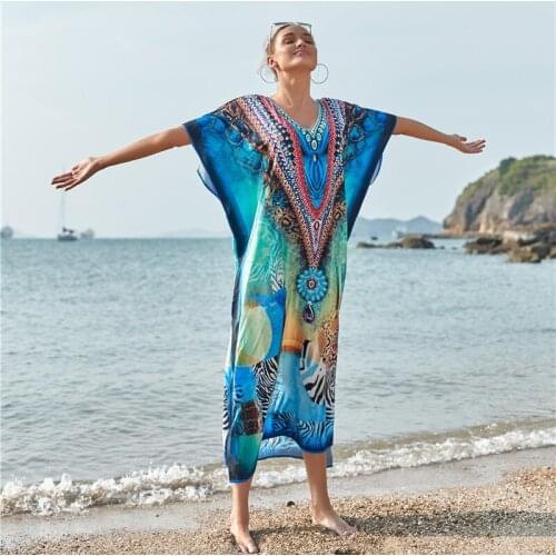 Casual Swim Cover Up Plus Size Swimwear Beach Coverups For Women Loose Tunicas De Praia 2020 Pareo Swimming Suit Kaftan Print