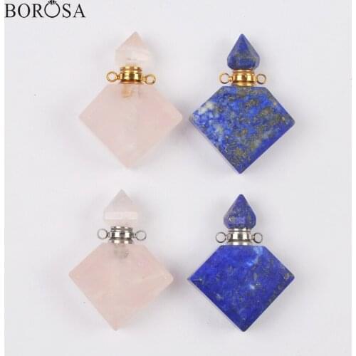 Pink Quartz Lapis Rhombus Perfume Stone Bottle Pendant Women Natural Stone Essential Oil Diffuser in Gold Silver Plated WX1758