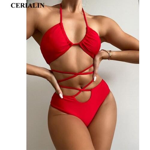 Sexy Bikini Hollow Cross Lace-up Thong Split Swimsuit Women Swimwear Bandage Push Up Padded Bikini Set Summer Beach Bathing Suit