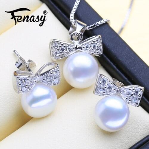FENASY 925 Sterling Silver Pearl Jewelry Sets Natural Pearl Stud Earrings For Women Romantic Bow-knot Pendant Necklace