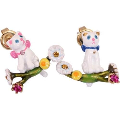 European and American New Cat Spring Garden Series Cute Temperament White Cat Flower Branch Earrings No Pierced Ear Clip Jewelry