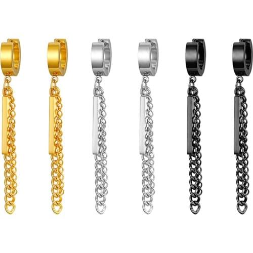 BONISKISS Hip-Hop Tassel Double Chain Stainless Steel Neutral Earrings Gold Silver Color Korean Version Wholesale Dangle Earring