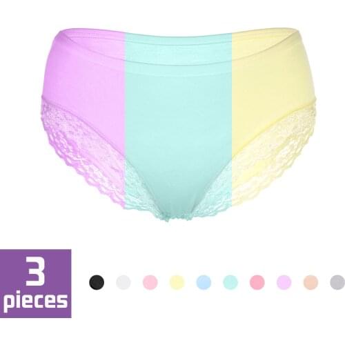 Varsmiss 3PCS/Set 10 Solid Color Cotton Briefs With Lace Side Best Quality Underwear Female Underpants Sexy Panties