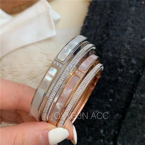 YUN RUO Fashion Mosaic Zircon Shell Bangle Rose Gold Color Women Christmas Gift Titanium Steel Jewelry fastness Not Change Color