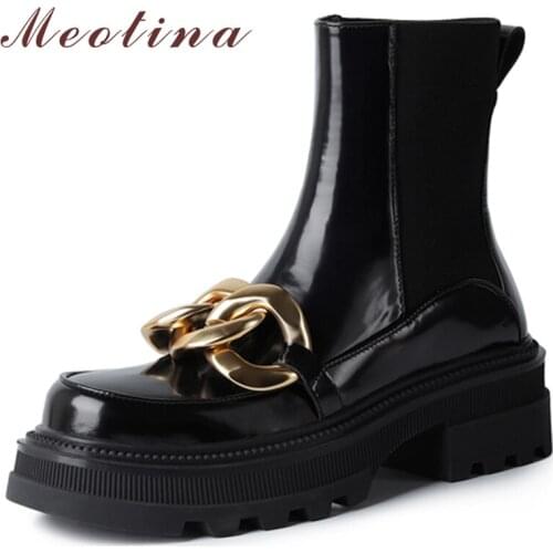 Meotina Genuine Leather Ankle Boots Women Platform Thick High Heel Round Toe Chelsea Boots Metal Decoration Ladies Boots Autumn