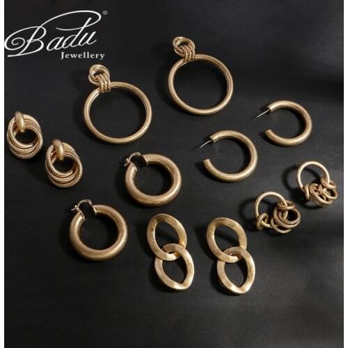 Badu 2021 Europe New Vintage Gold Color Metal Big Stud Geometric Round Drop Earrings for Women Fashion Personality Statement