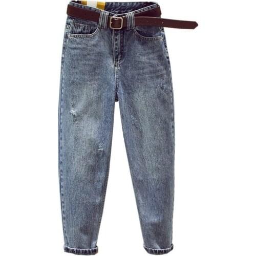 Women High Waist Loose Ripped Jeans Vintage Blue Casual Cotton Denim Harem Pants 2021 Spring Summer New Korea Fashion