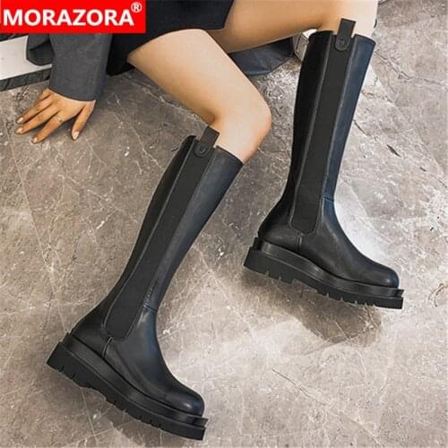 MORAZORA 2021 New fashion knee high boots female square heels round toe winter women boots chunky platform genuine leather boots