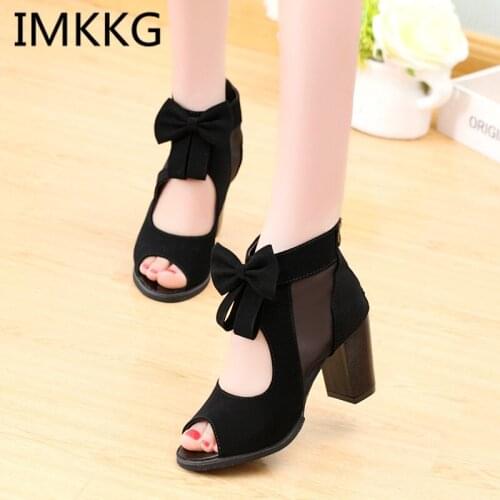 2019 Summer Women Mesh Sandals Sexy Peep Toe Bowtie Thick High Heels Shoes Woman Gladiator Sandals Women Footwear A00023