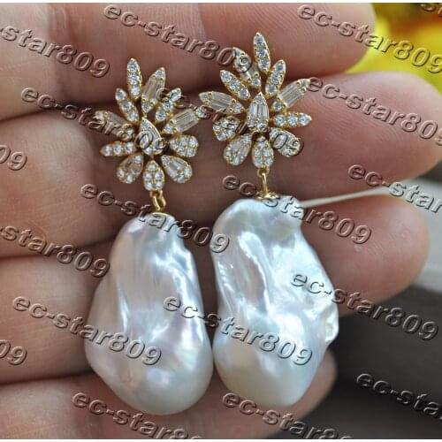 Z11210 A+ 28mm White Baroque Keshi Pearl 925silve Gold-Plating Dangle Earring CZ Woman Fine Jewelry