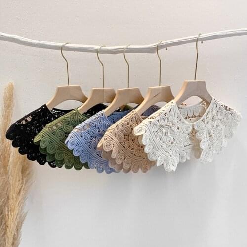 Women Hollow Out Crochet Fake Collar Floral Lace Solid Color Lolita Big Shawl Detachable Button Short Poncho Capelet