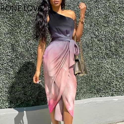 Women Elegant Gradient colour One Shoulder Sashes High Silt Folds Sexy Party Dress