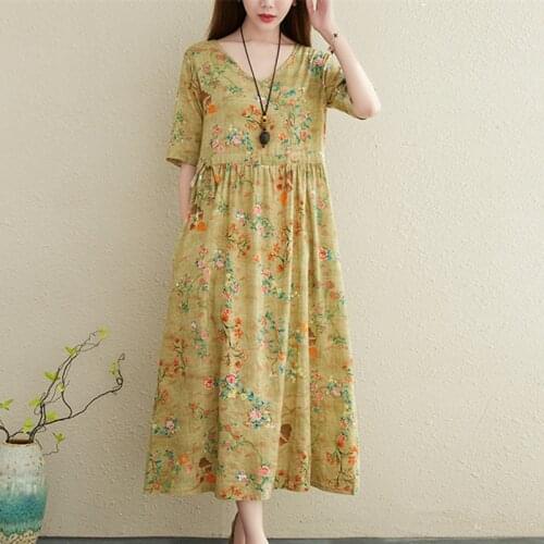 Print Floral Holiday Outdoor Prairie Chic Travel Casual Dress 2021 Fashion Women Dress Cotton Linen Loose Vintage Summer Dress