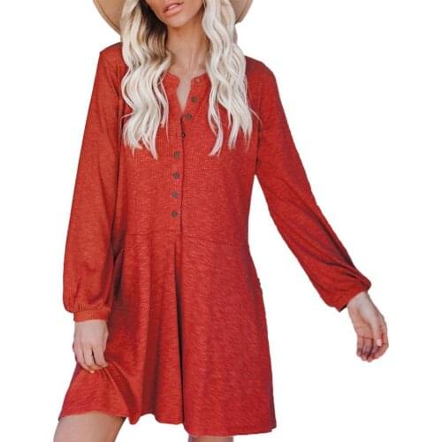 Ele-choices M-3XL Loose Dress Solid Color Pullover Mid Waist Buttons Ribbing Dress Women Accessory for Holiday