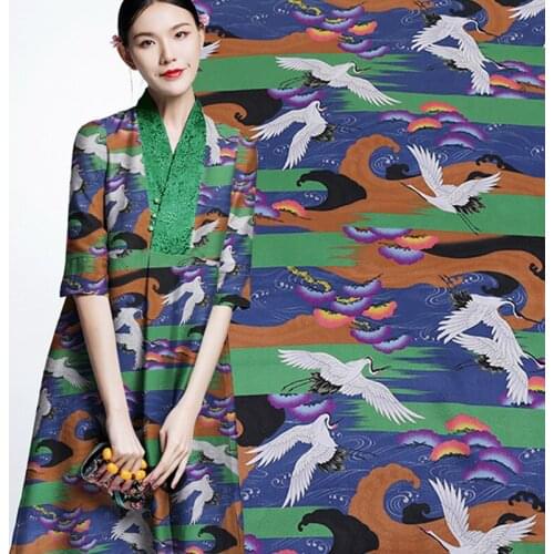 140CM 30MM Crane Print Blue Green Heavy Silk Fabric for Spring and Autumn Suit Dress Shirt Clothes Pants B126