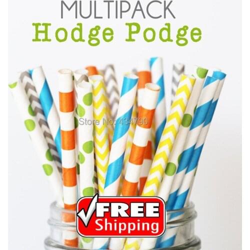 250pcs Mixed 5 Designs HODGE PODGE Vintage Paper Straws, Striped,Polka Dot,Chevron,Sailor Stripe,Gray,Lime,Yellow,Orange,Blue