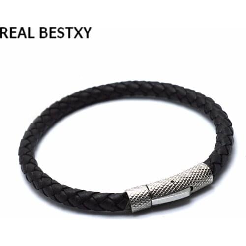 5pcs/lot Casual Men Bracelet Genuine Real Leather Bangle Stainless Steel Closure Daily Male Jewelry Classic Bijoux