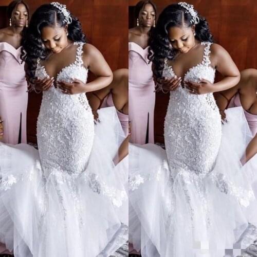 White Lace Wedding Dress Mermaid Plus Size Floral Appliques Spaghetti Straps Sleeveless 2022 New African Bridal Gowns