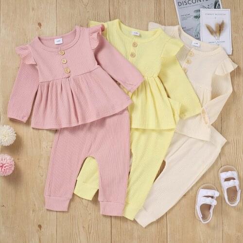 Kids Clothes Suit Toddler Baby Boys Girls Ribbed Cotton Long-sleeved Romper Solid-color Pants Suit Childern Girl Clothing