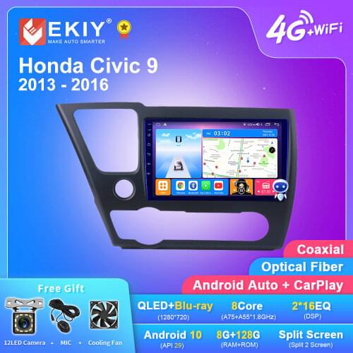 EKIY Blu-ray IPS DSP Android 10 No 2Din Autoradio For Honda Civic 9 2013-2016 GPS Navigation Car Multimedia Player Tape Recorder