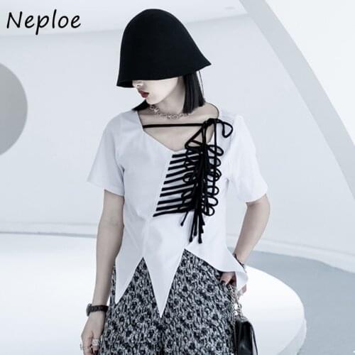 Neploe Unique Irregular Design Sense T-shirts Women O-neck Short Sleeve Loose Tops Female 2021 Summer New Slim High Street Tees