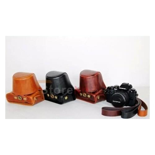 PU Leather Camera bag Case + neck strap for olympus OM-D E-M10 EM10III with 14-42mm lens or shorter lens Black brown Coffee
