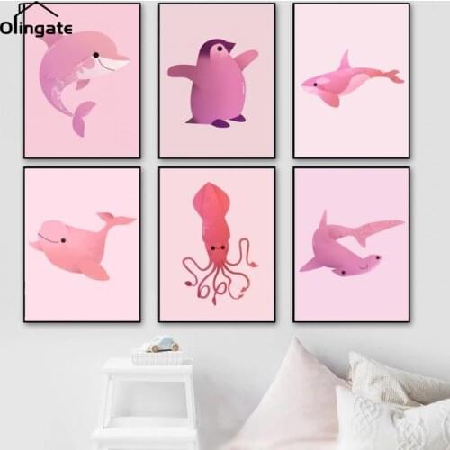 Dolphin Shark Inkfish Penguin Wall Art Canvas Painting Nordic Poster and Print Animal Wall Pictures Kids Baby Room Home Decor