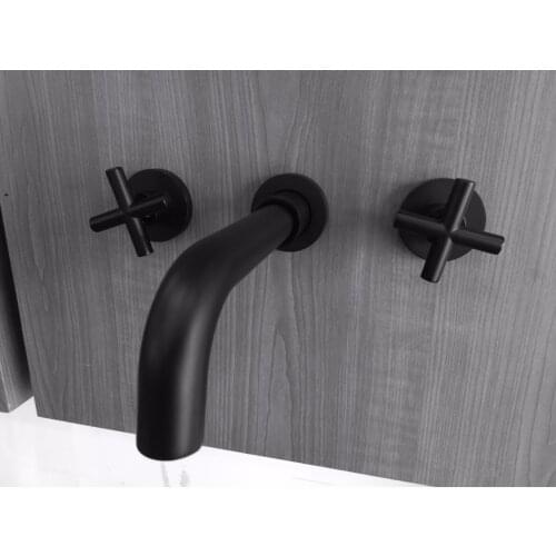 Fashion New Arrival Wall Sink Basin Mixer Tap Set Bathroom Spout Faucet With Double Lever In Matt Black/Polished Gold/Chrome