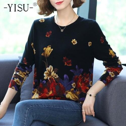 YISU Fashion Casual Autumn Women Sweater O-Neck morning glory Printing Long sleeve Tops Female Jumper Loose Knitted pullover