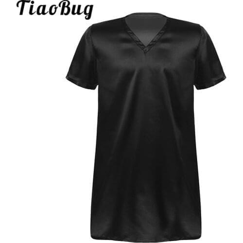 Mens Satin Nightshirts Sleepwear Adult Summer Solid Color V Neck Short Sleeve Home Wear Pyjama Sleep Tops Nightwear