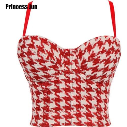 Sexy Women Houndstooth Camisole Outwear Nightclub Pole Dance Shaping Bra Bottom Bustier Color Contrast Woolen Tube Top Corset