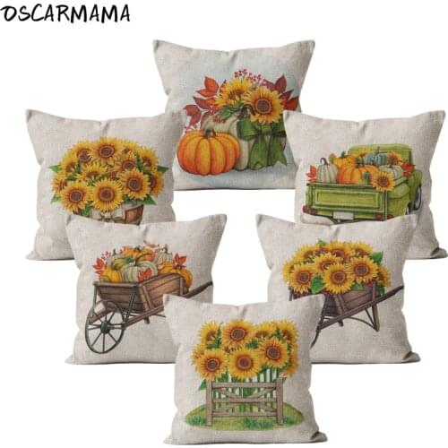 Sunflower Yellow Flower Pumpkin Happy Halloween Trick Or Trea Square Pillow Case Farmhouse Home Decor Autumn Cushion Cover