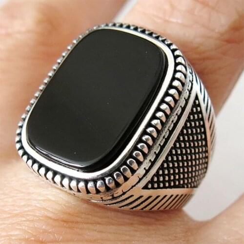 Punkboy Retro Mens Texture Inlaid Black Square Rectangular Crystal Zircon Rhinestone Metal Ring for Party Jewelry Size 6-13