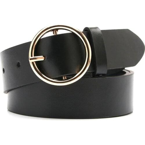 Fashion alloy metal round buckle pin belt for women PU leather jeans trousers waistband ladies dress belt clothes accessories