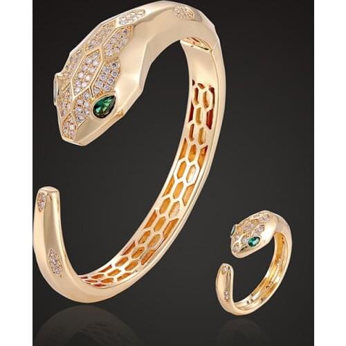 Fateama luxury bangle with ring jewelry set animal snake tangent zircon pave setting classic party bracelet fashion jewelry gift