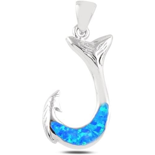 Silver 925 Sterling Fishhook Hook & Tail Opal Stone Pendant