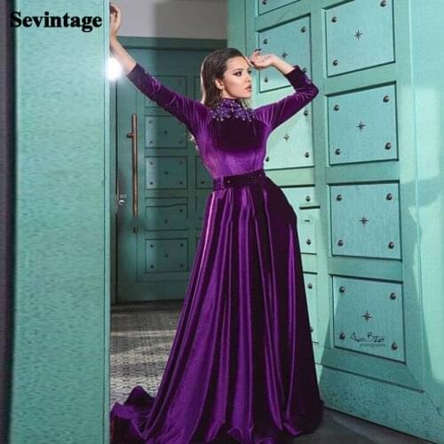 Sevintage Arabic Muslim Velvet Evening Dress High Neck Appliques Lace Beaded Caftan Long Sleeves Purple Prom Party Gowns