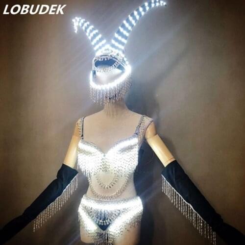 LED Lighting Dance Costume Bar DJ Female Singer Jazz Clothes Sexy LED Luminous Rhinestones Tassels Bikini Gloves Stage Outfit